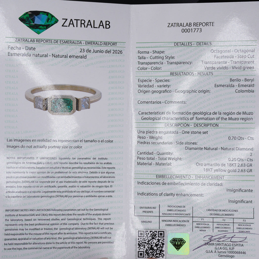 Anillo de Esmeralda Rectangular de Muzo, Oro Amarillo 18k, Talla 7, Verde Vivo