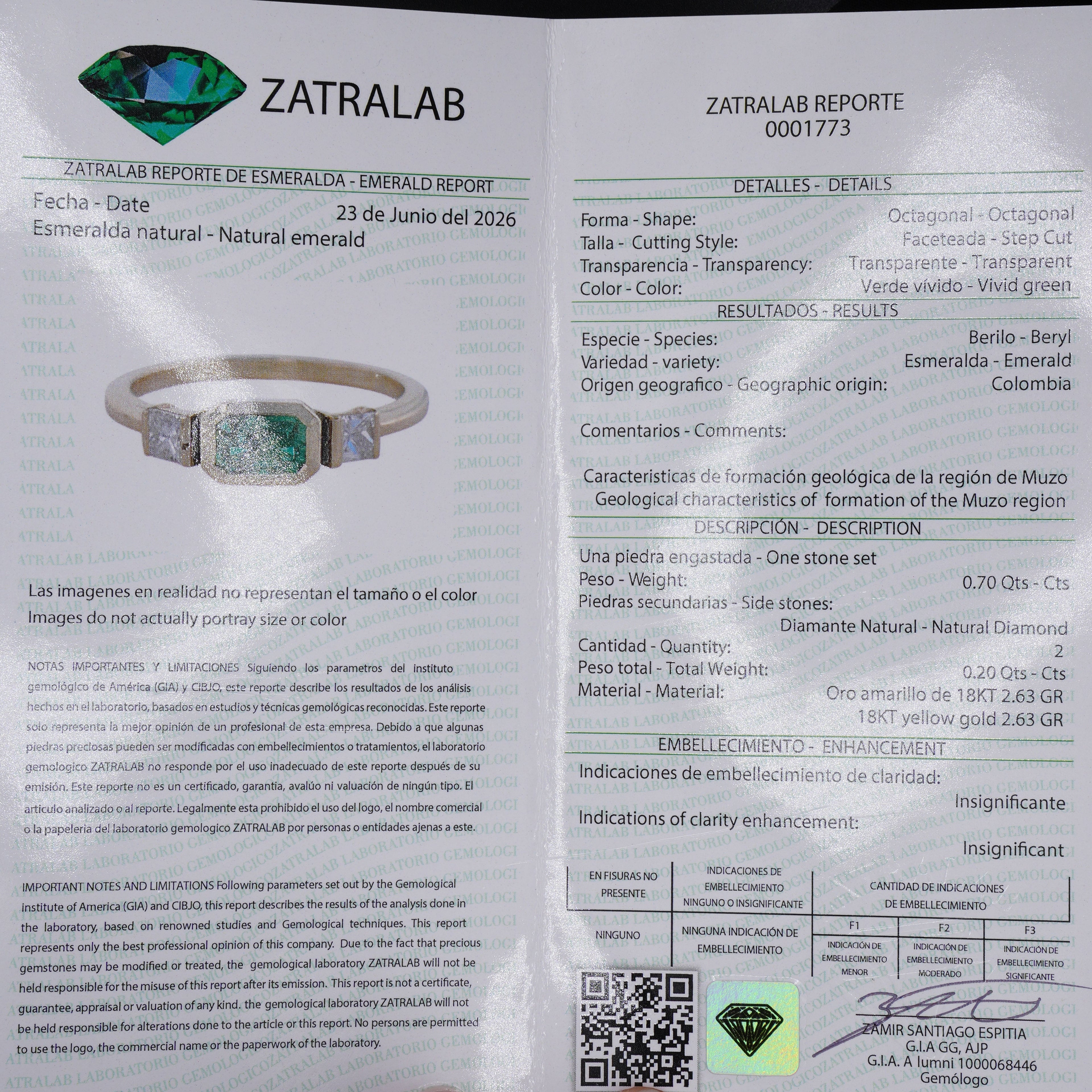 Anillo de Esmeralda Rectangular de Muzo, Oro Amarillo 18k, Talla 7, Verde Vivo
