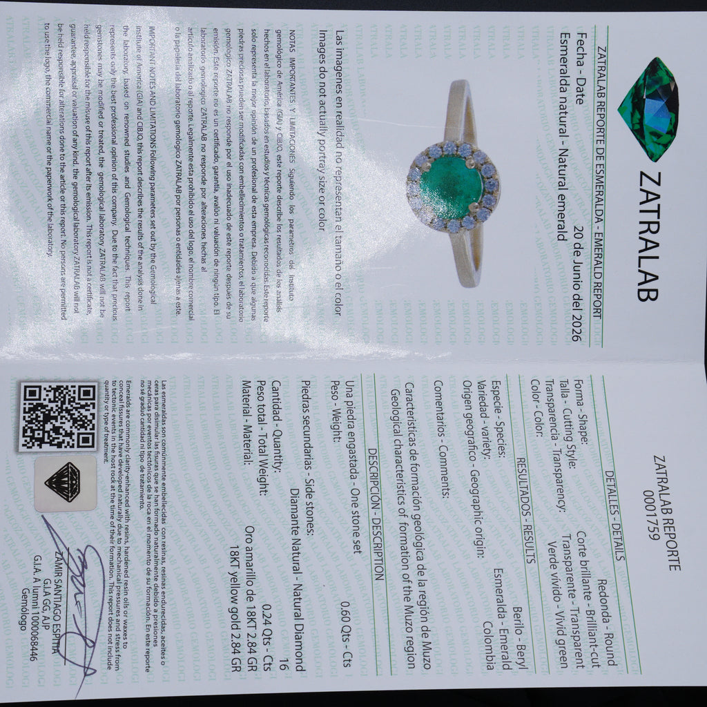 Anillo en Oro de 18K con Esmeralda Colombiana de Muzo, Boyacá y 16 Diamantes Naturales