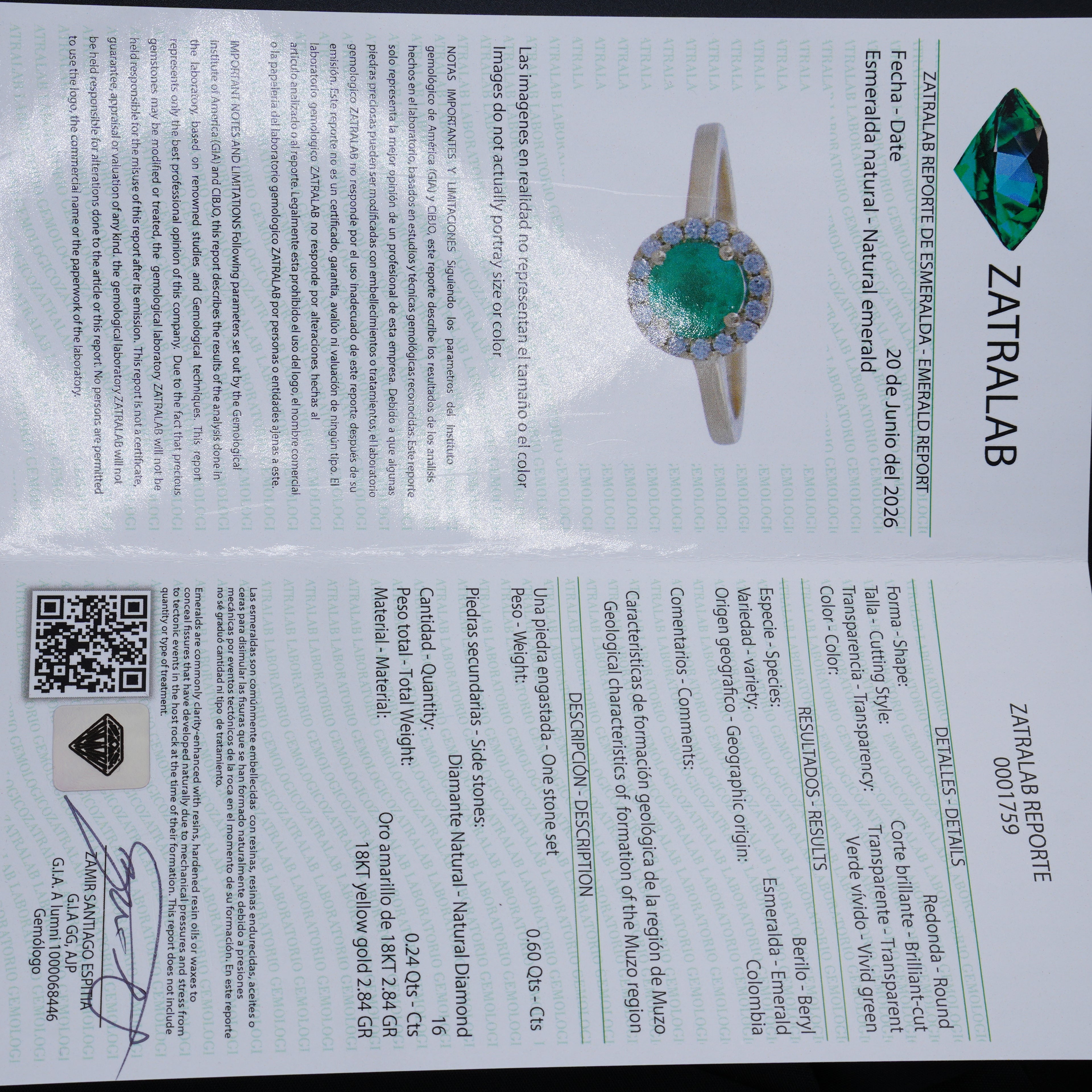 Anillo en Oro de 18K con Esmeralda Colombiana de Muzo, Boyacá y 16 Diamantes Naturales